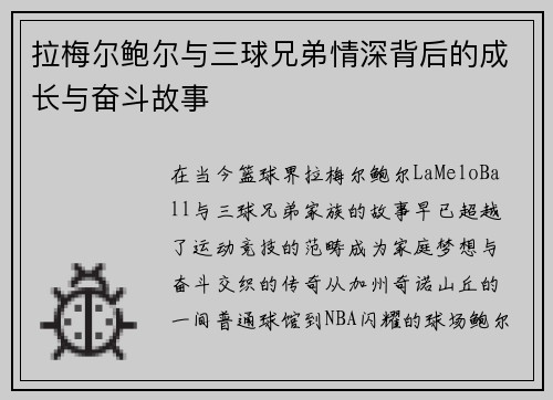 拉梅尔鲍尔与三球兄弟情深背后的成长与奋斗故事