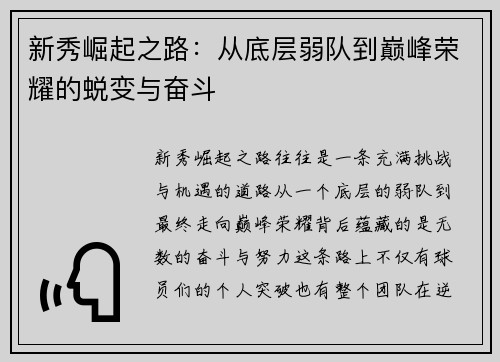 新秀崛起之路：从底层弱队到巅峰荣耀的蜕变与奋斗