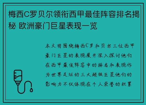 梅西C罗贝尔领衔西甲最佳阵容排名揭秘 欧洲豪门巨星表现一览 梅西C罗贝尔领衔西甲最佳阵容排名揭秘 欧洲豪门巨星表现一览