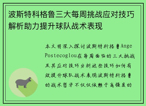波斯特科格鲁三大每周挑战应对技巧解析助力提升球队战术表现 波斯特科格鲁三大每周挑战应对技巧解析助力提升球队战术表现