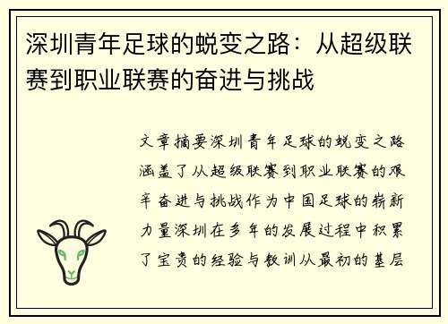 深圳青年足球的蜕变之路:从超级联赛到职业联赛的奋进与挑战 深圳青年足球的蜕变之路:从超级联赛到职业联赛的奋进与挑战
