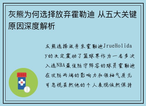 灰熊为何选择放弃霍勒迪 从五大关键原因深度解析 灰熊为何选择放弃霍勒迪 从五大关键原因深度解析
