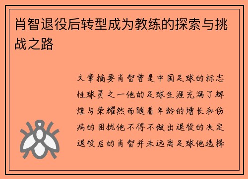 肖智退役后转型成为教练的探索与挑战之路