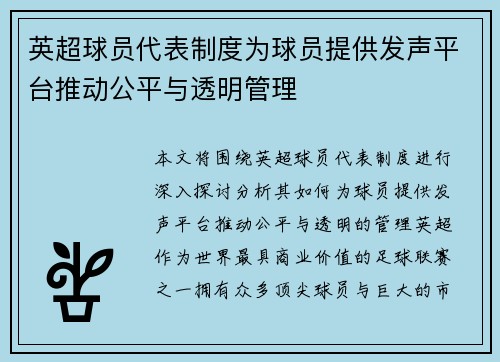 英超球员代表制度为球员提供发声平台推动公平与透明管理 英超球员代表制度为球员提供发声平台推动公平与透明管理